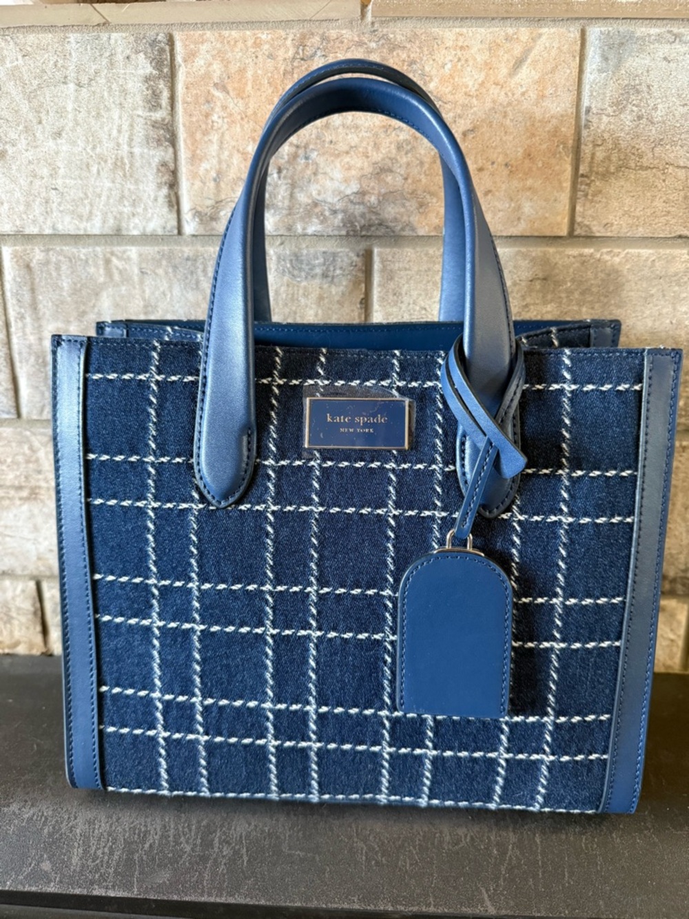 kate spade navy and white plaid satchel